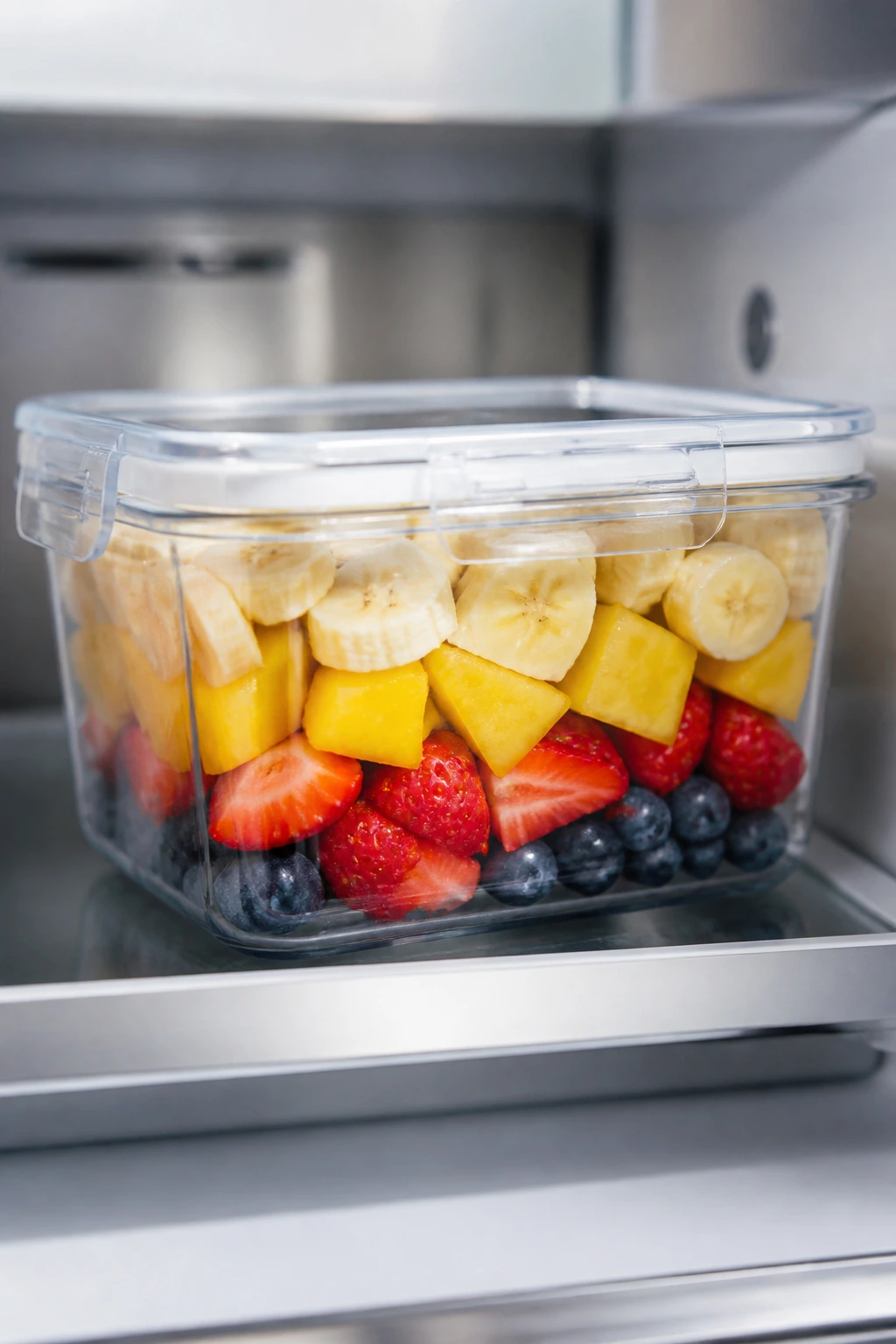 Airtight fruit container on fridge shelf signaling storage and safety for smoothies