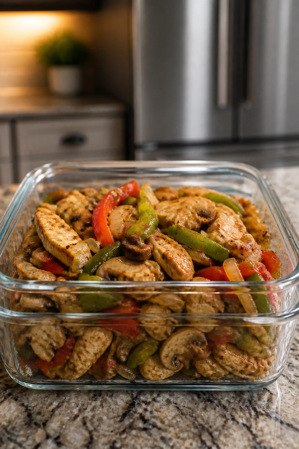 A glass airtight container with chicken and vegetables prepared for storage.