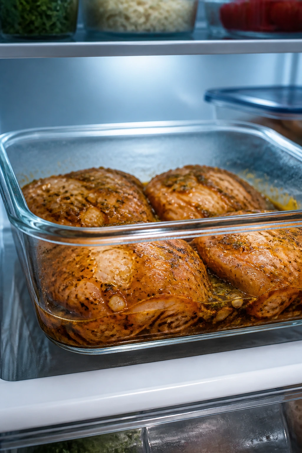 Close-up of marinated chicken in a glass container on fridge shelf, highlighting make-ahead marinating and safe storage