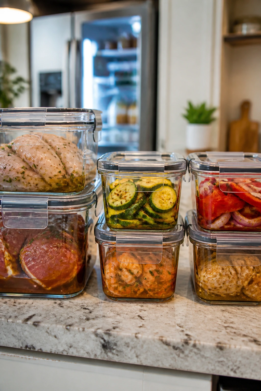 Glass containers with marinated foods on a kitchen counter suggesting make-ahead prep and storage.