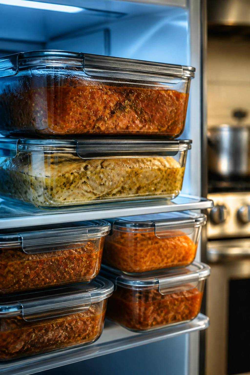 Glass containers with marinated meat on fridge shelf under blue fridge light