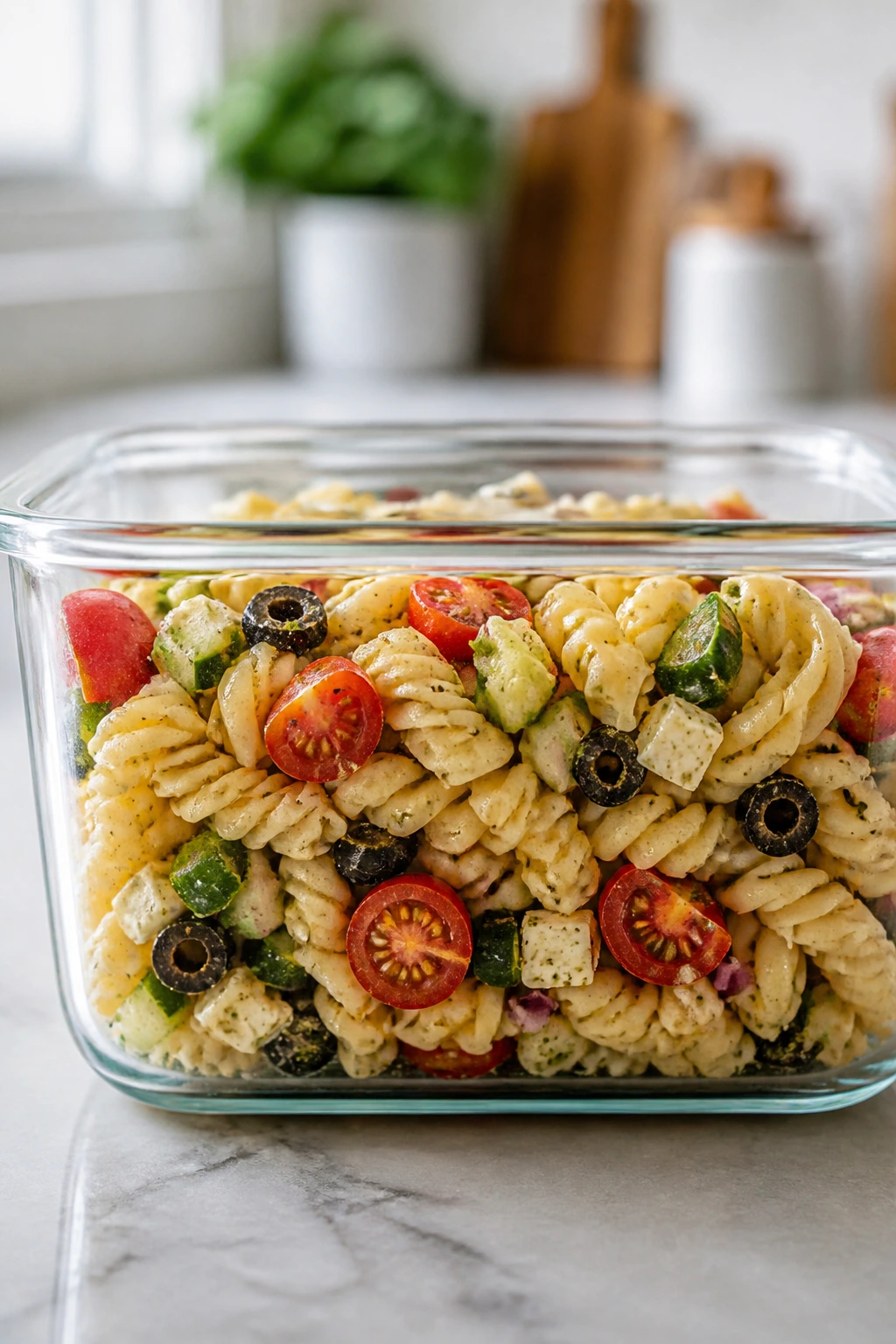 Clear lunch storage container with pasta salad on a counter