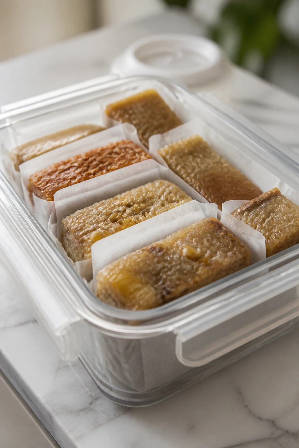Airtight container with parchment-wrapped sticky rice cake slices.