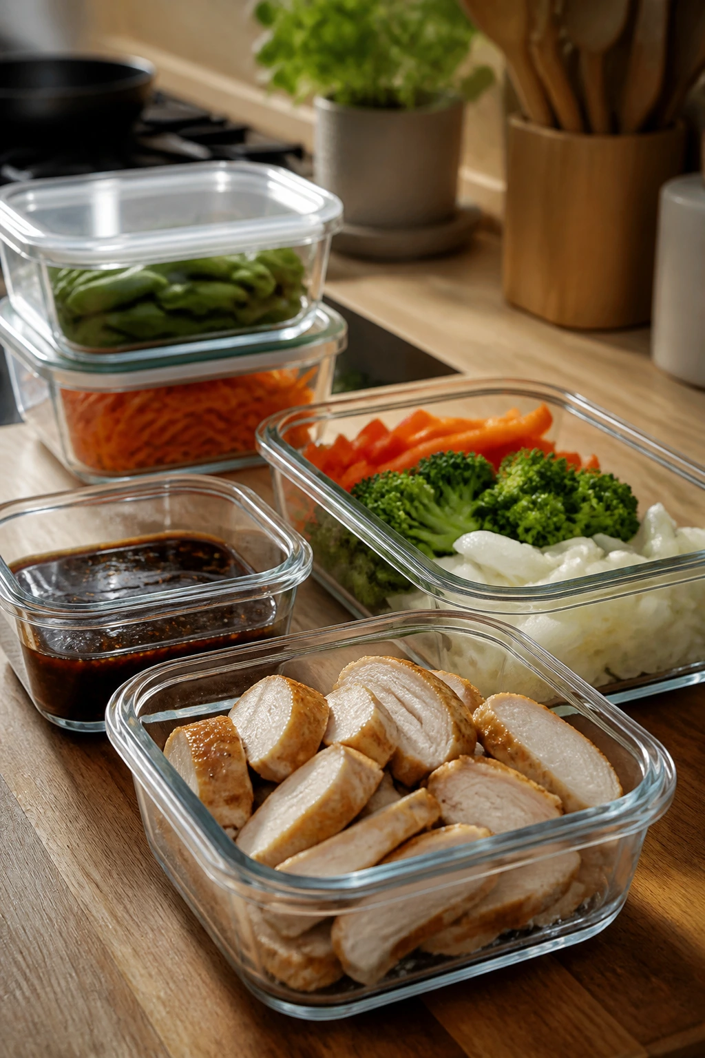 Close-up of glass storage containers with prepped ingredients on a kitchen counter