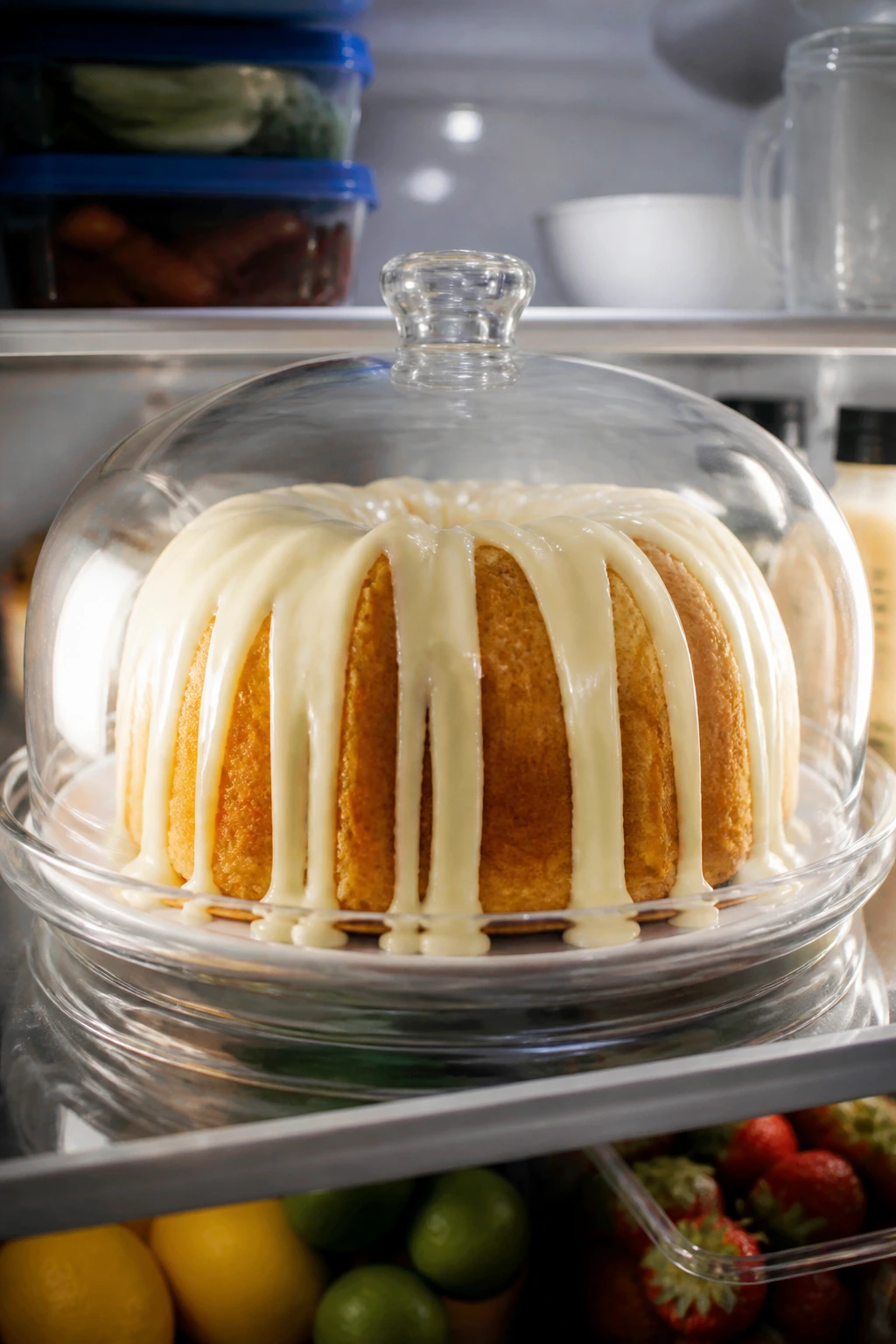 Bundt cake under a glass dome in the refrigerator