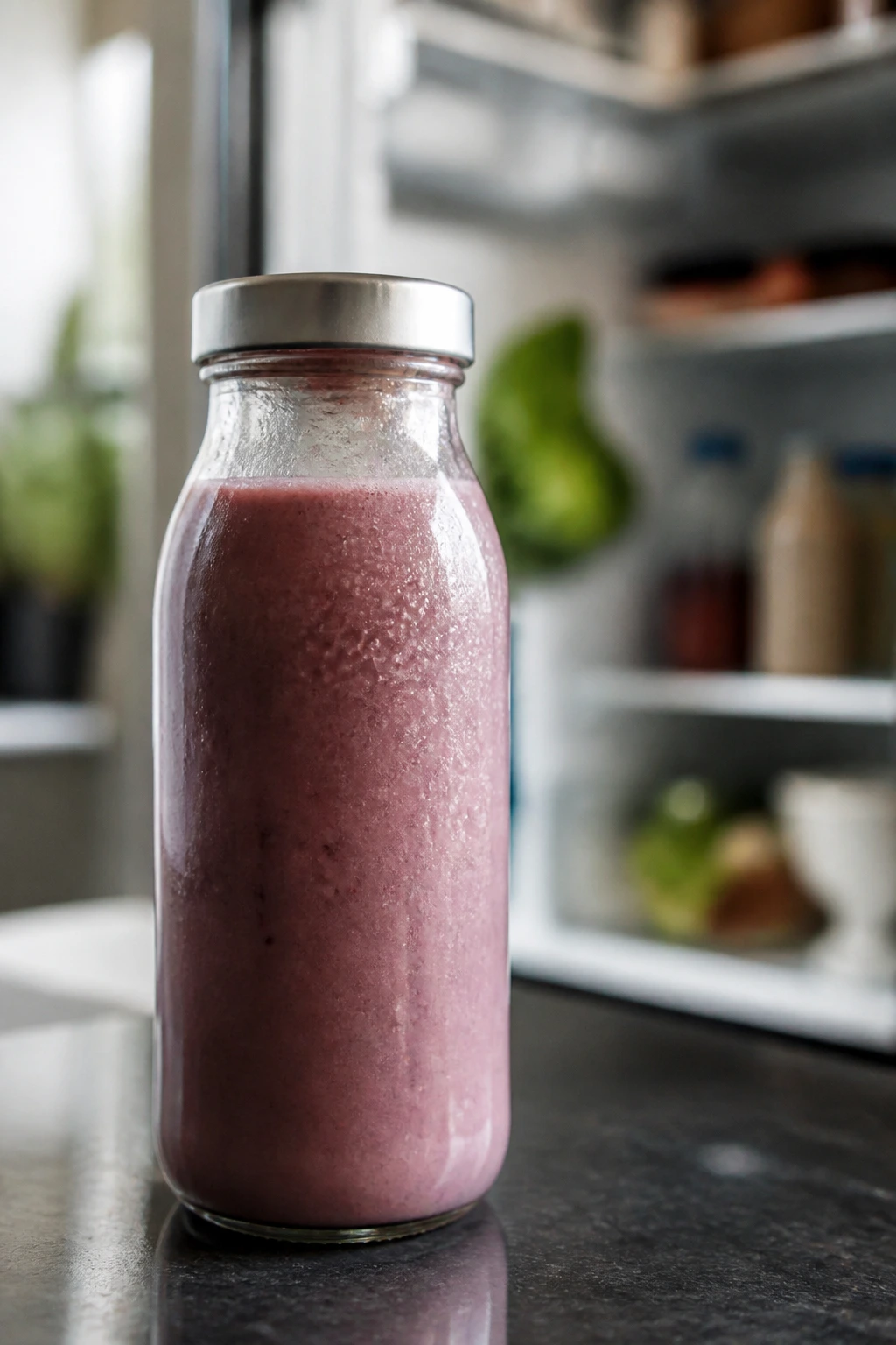 Condensation on a smoothie bottle ready for storage on a kitchen counter