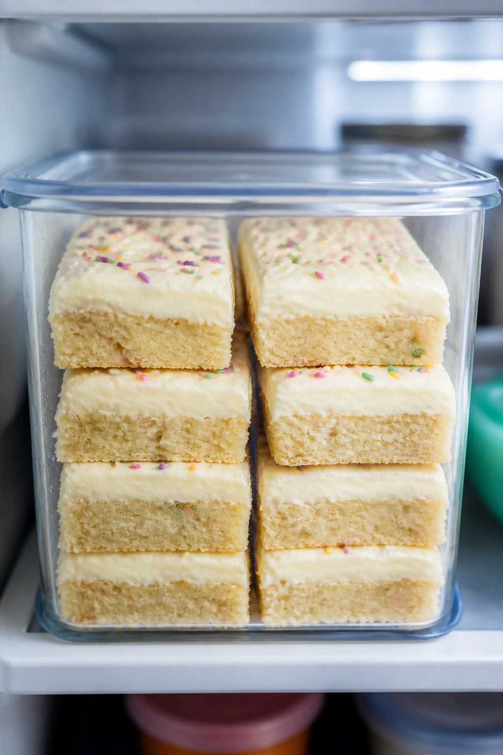 Close-up of frosted Easter sugar cookie bars in an airtight container on a fridge shelf