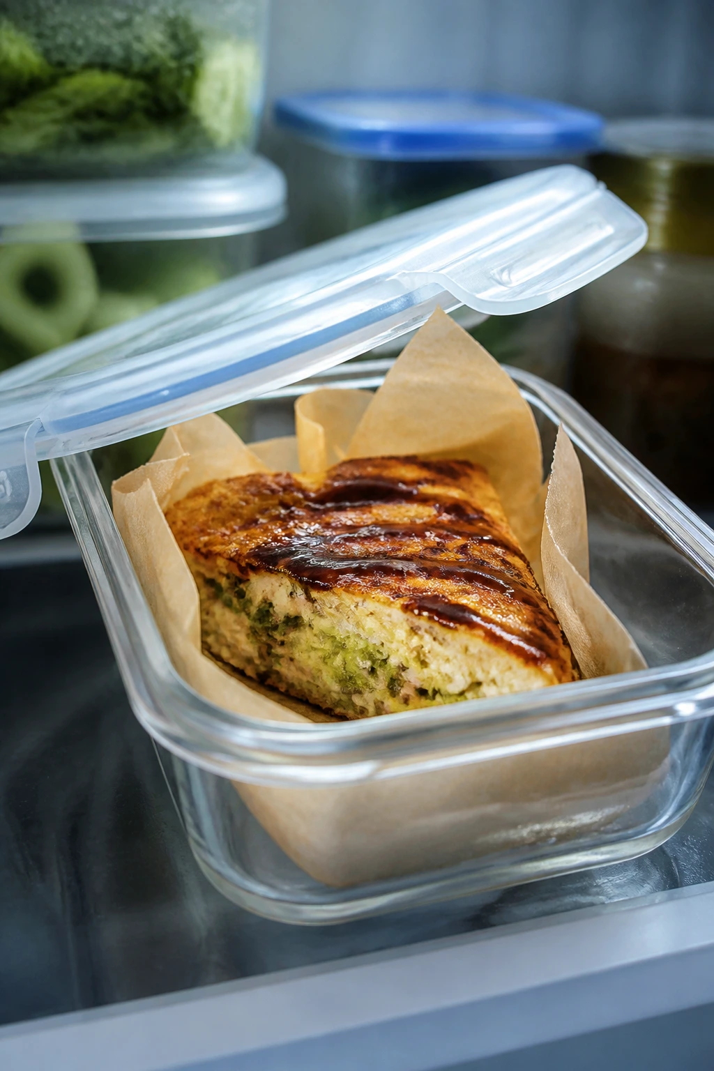 Pancake wedge wrapped in parchment in an airtight container in the fridge