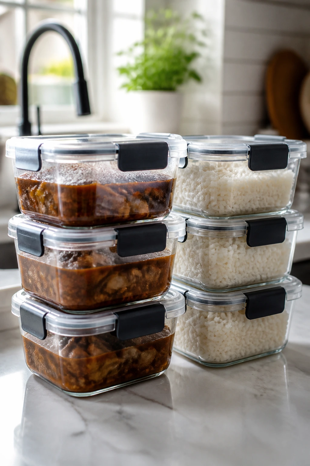 Airtight containers with sauce and rice ready for storage and reheating