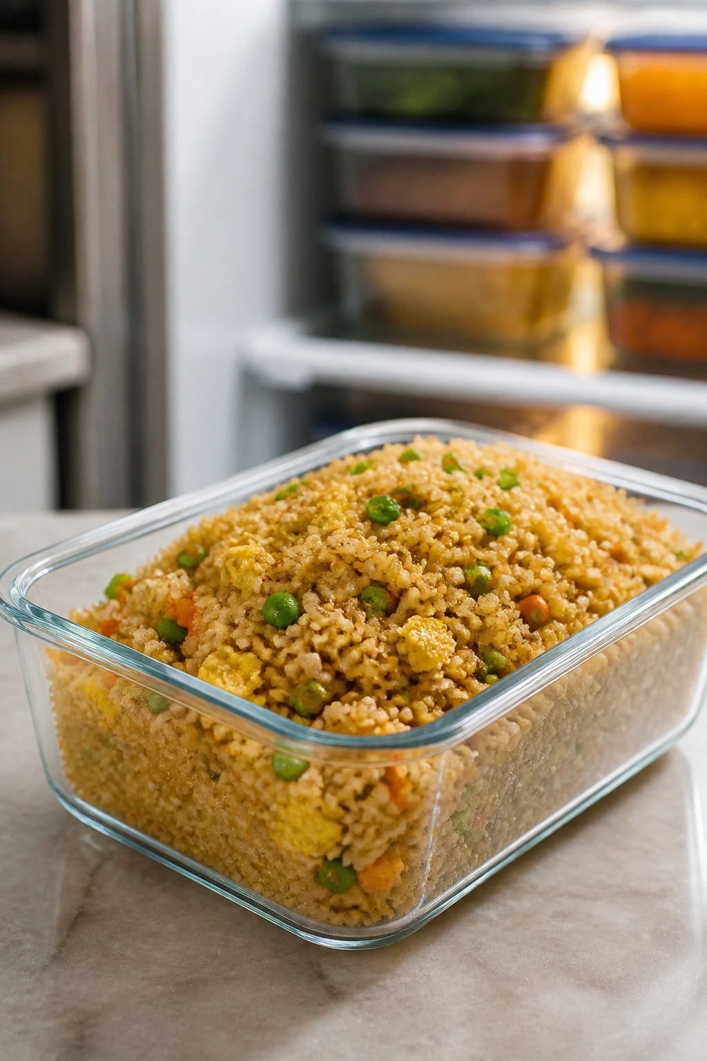Glass container of fried rice stored in fridge ready for reheating