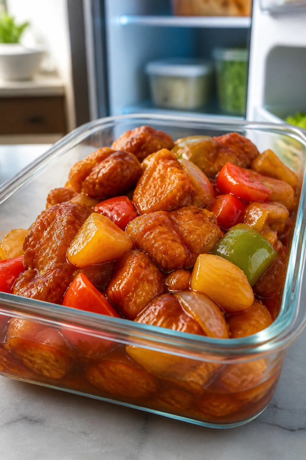 Glass storage container with sweet-and-sour chicken in a bright kitchen