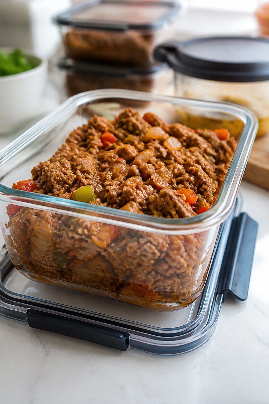 Airtight container filled with beef filling on a kitchen counter