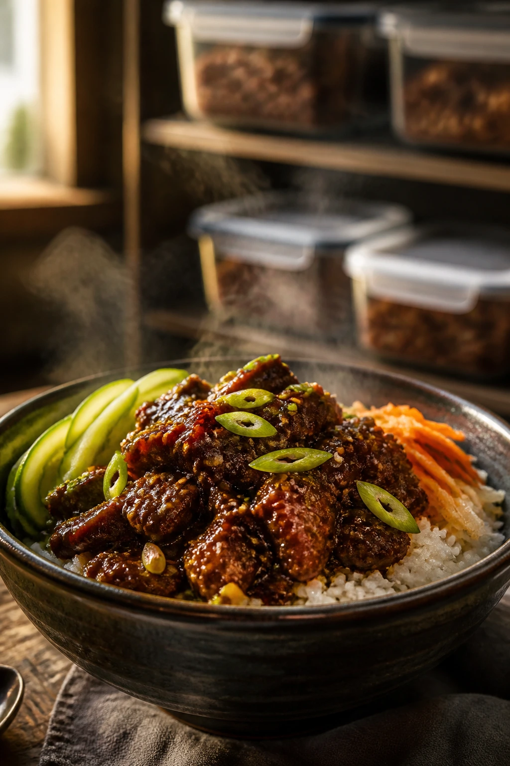 Reheated beef bowl with steam, storage containers in background.