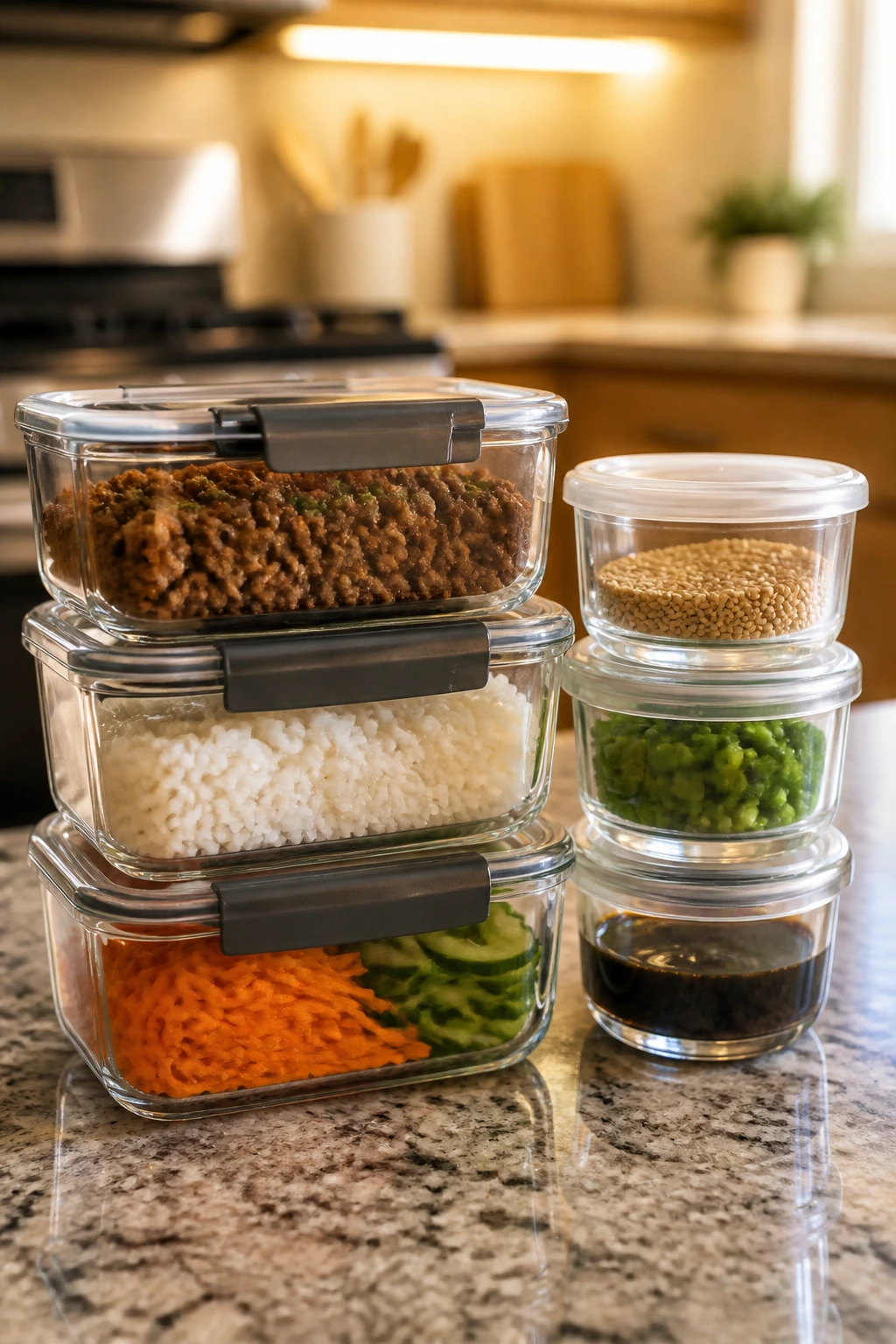 Storage containers with beef, rice, and toppings for make-ahead prep