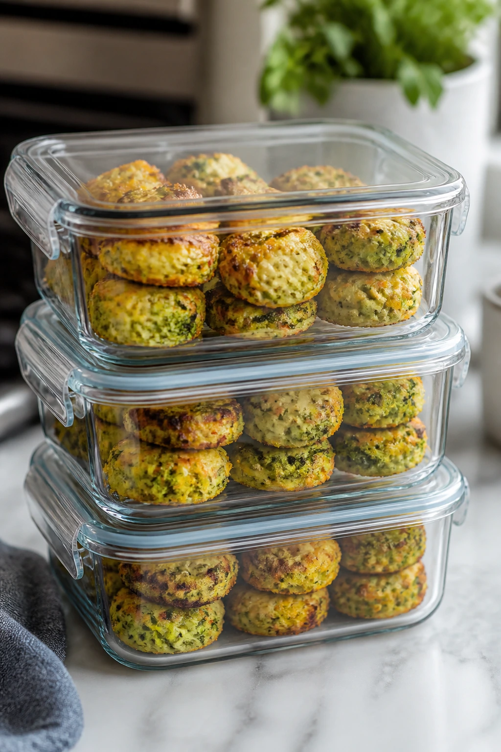 Airtight containers with veggie bites stored on a counter
