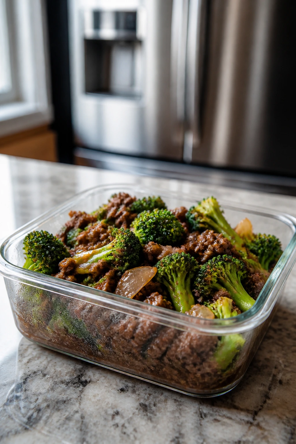 Airtight container of reheated hamburger broccoli on a kitchen counter