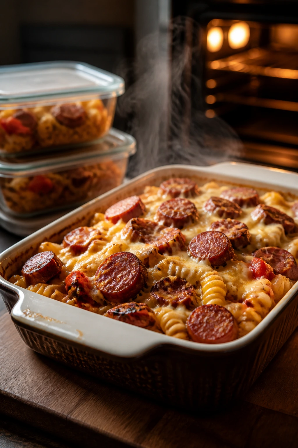 Steaming sausage pasta casserole in a baking dish with storage containers in background