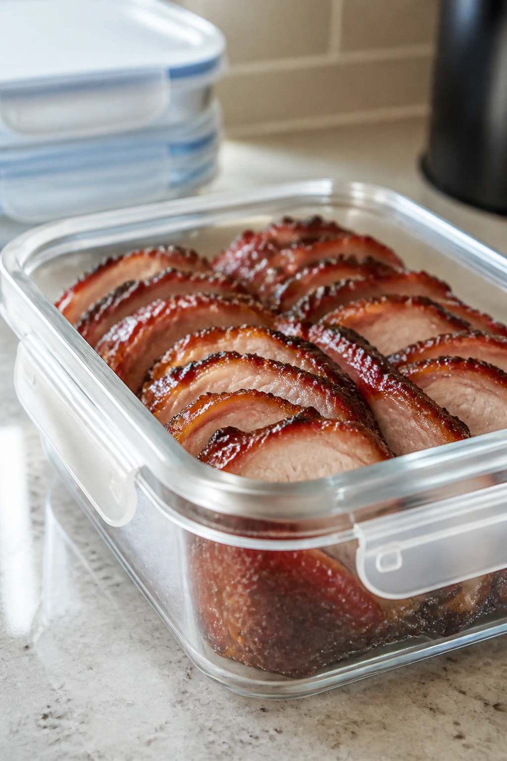 Pork slices stored in airtight container on counter