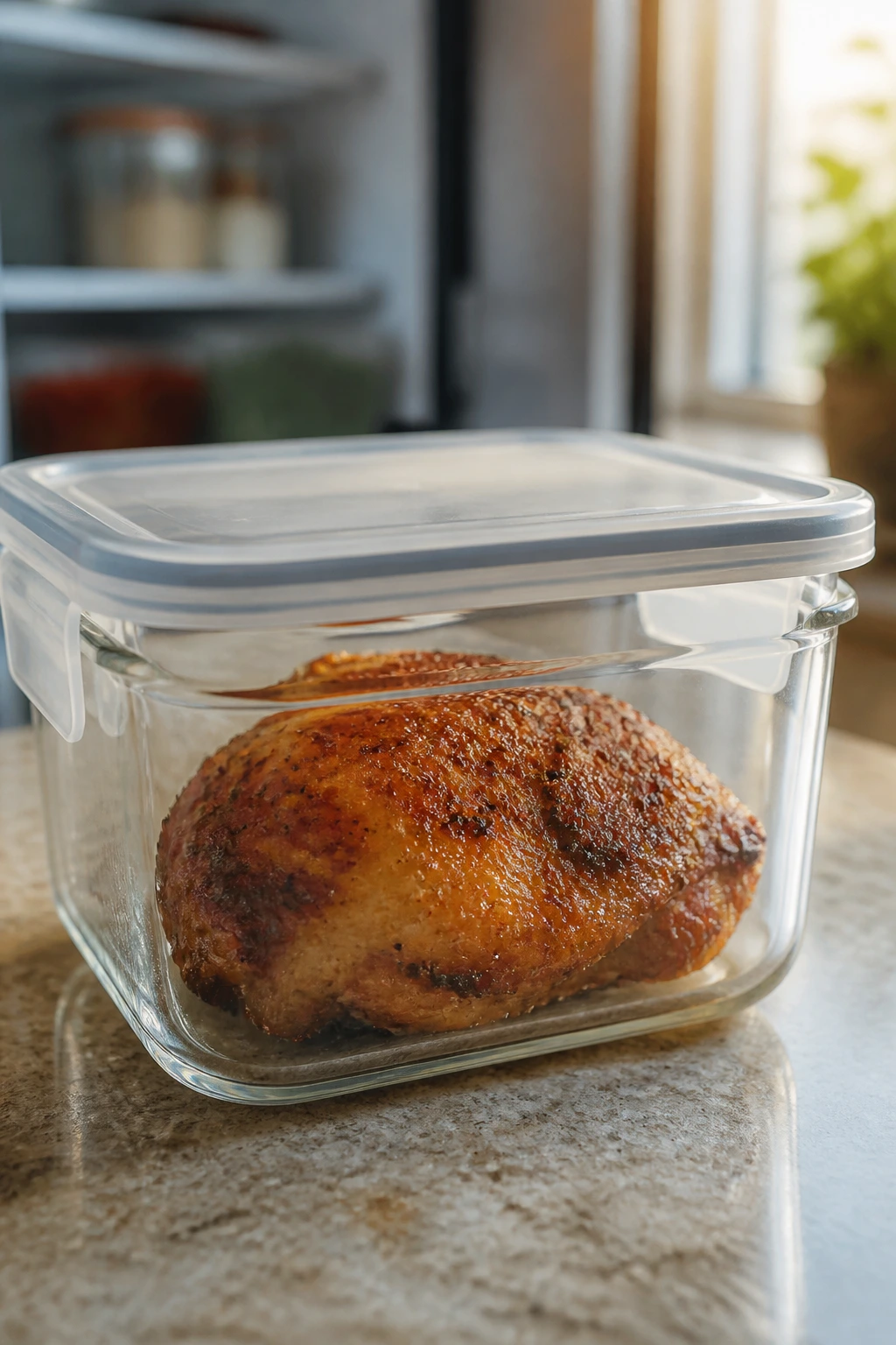 Air-fried chicken thigh in airtight container for storage