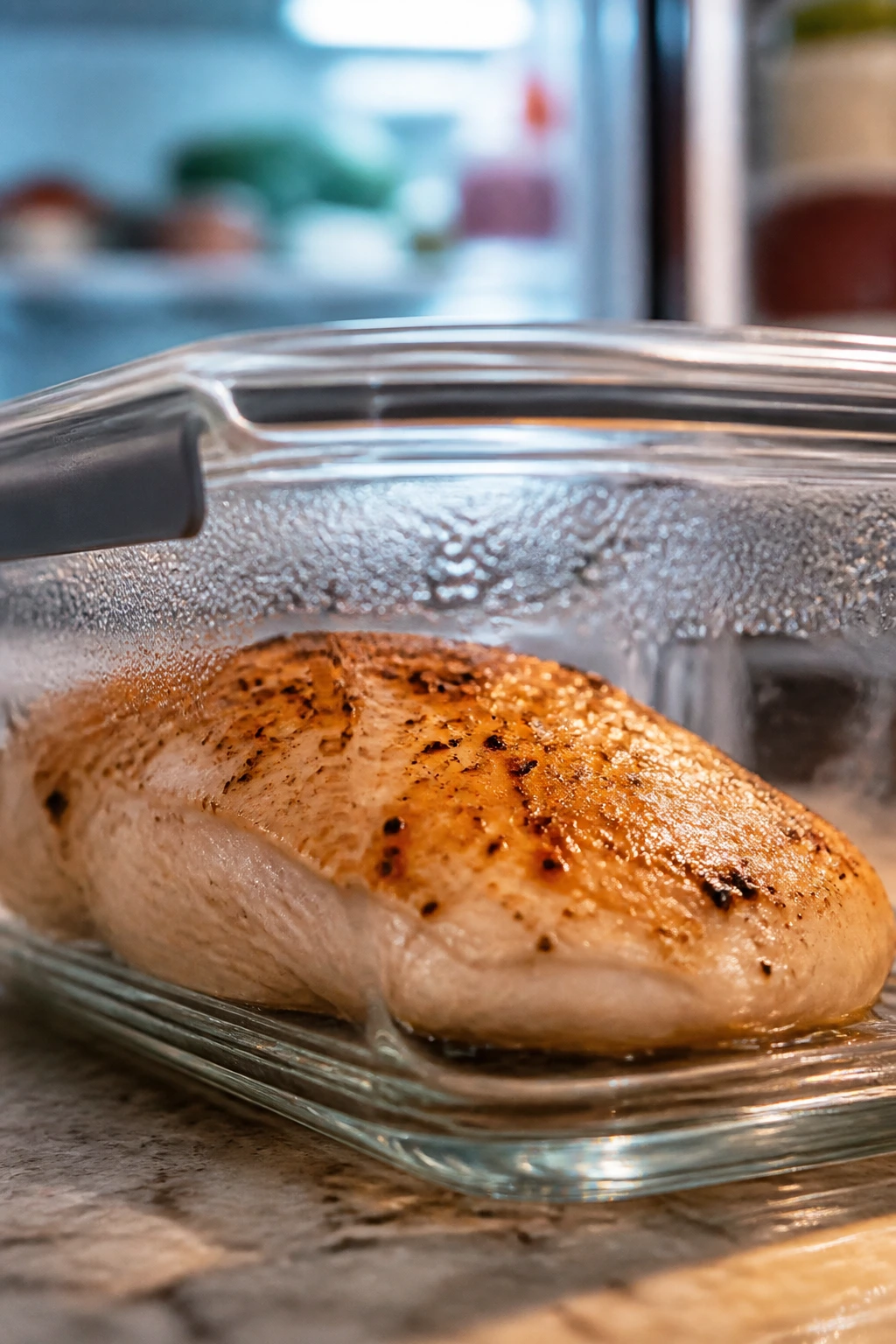 Cooked chicken breast in a shallow airtight container on a kitchen counter