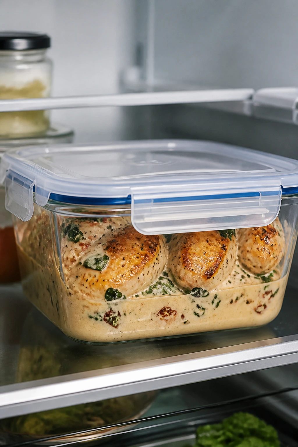 Glass storage container of creamy chicken in fridge