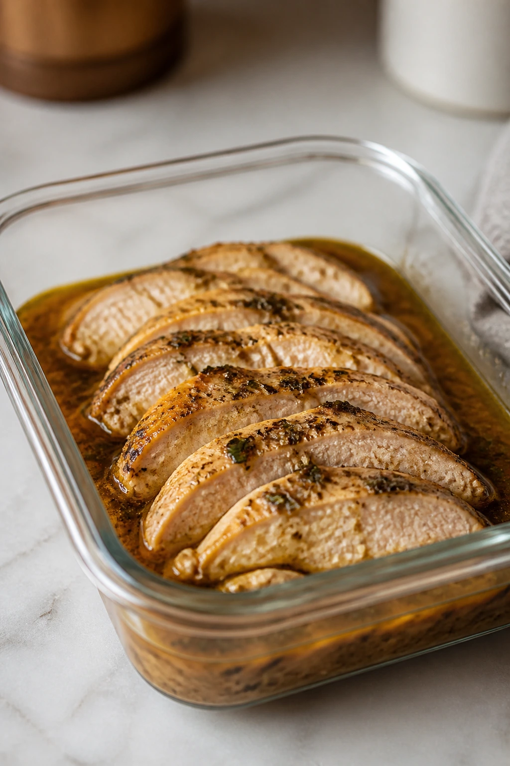 Glass storage container with sliced chicken and sauce