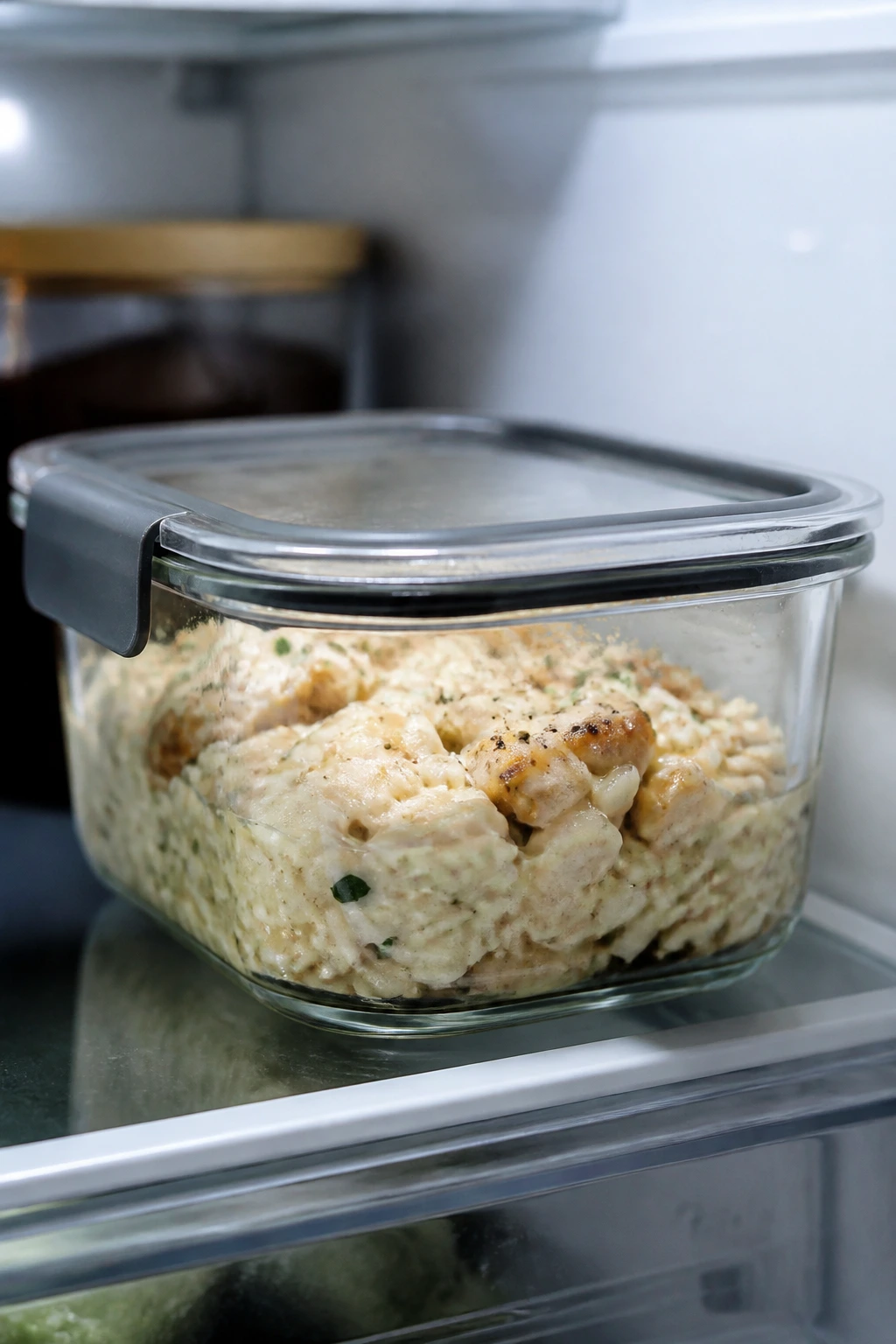 Fridge storage of creamy chicken and rice in a glass container