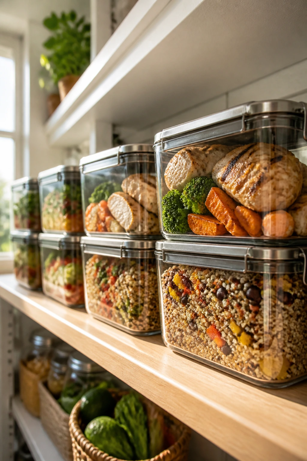 Airtight storage containers with prepared meals ready to reheat