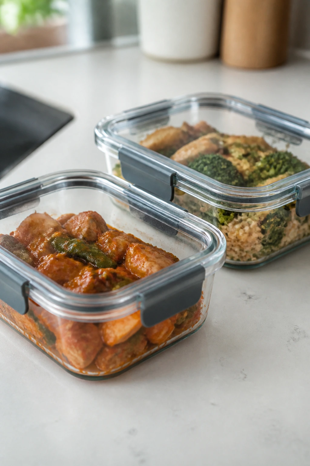 Glass storage containers with ready-to-reheat meals on a kitchen counter