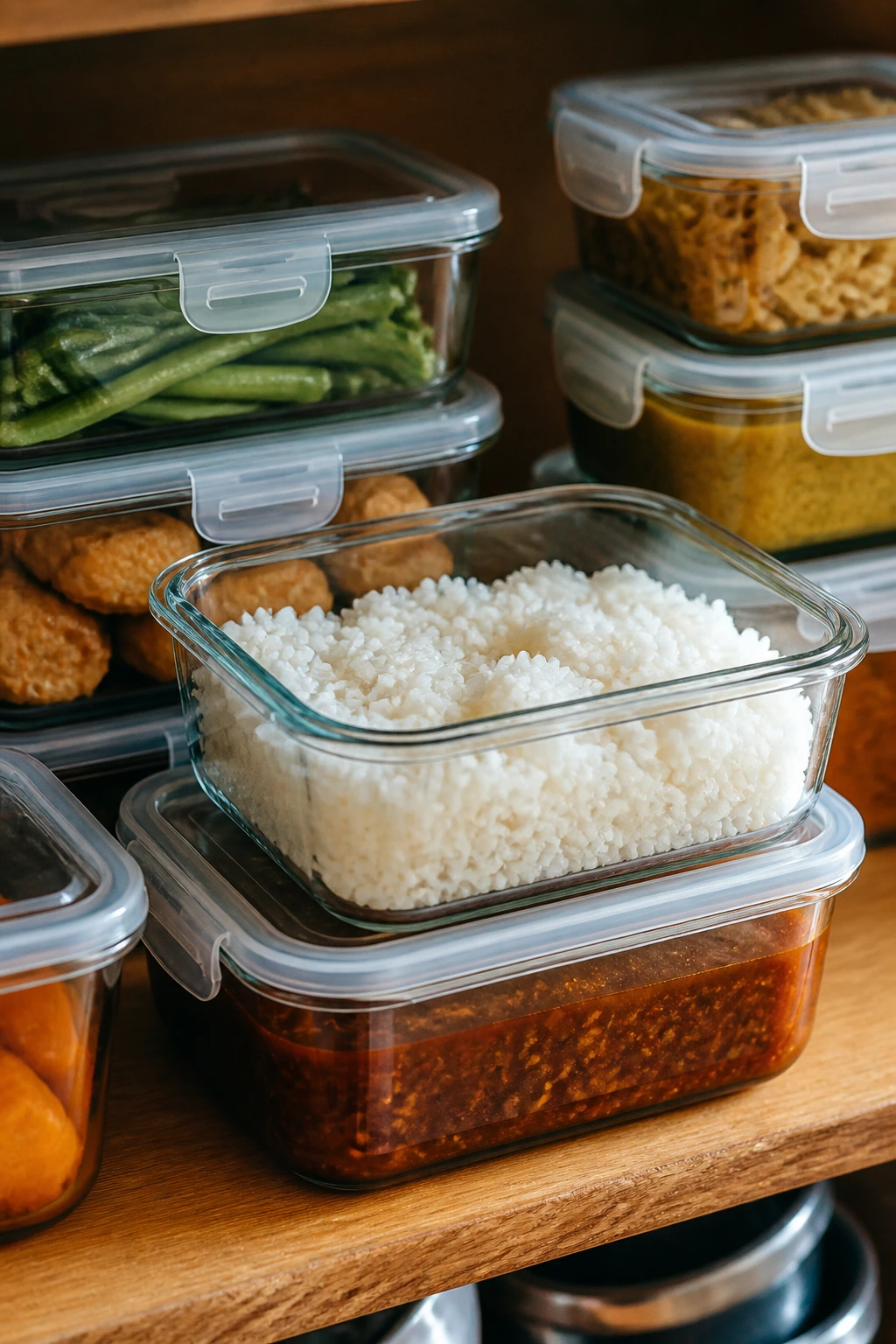 Airtight glass containers with rice and sauces ready for storage
