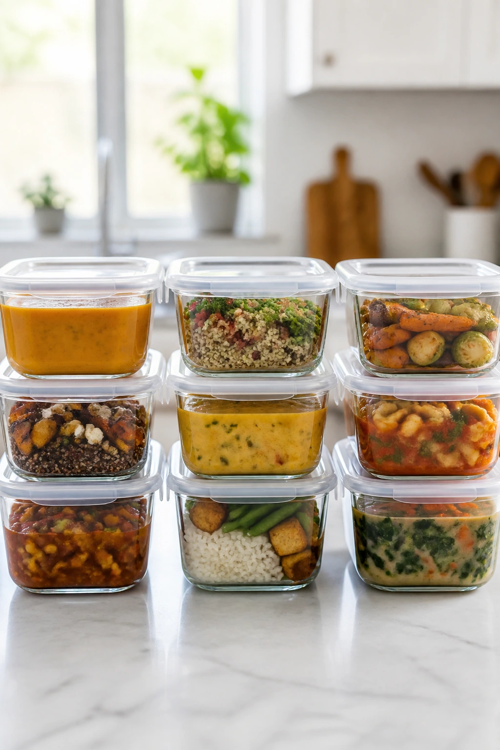 Glass storage containers with soups and grains on kitchen counter