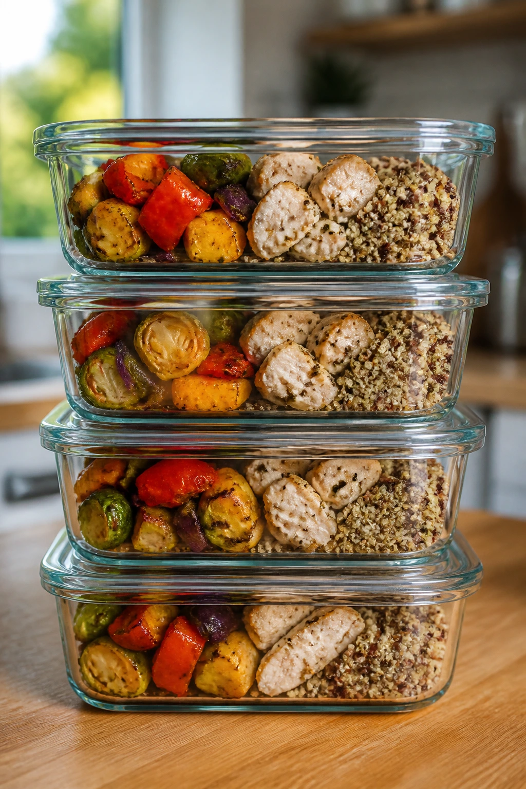 Glass meal-prep containers with colorful foods for make-ahead meals.