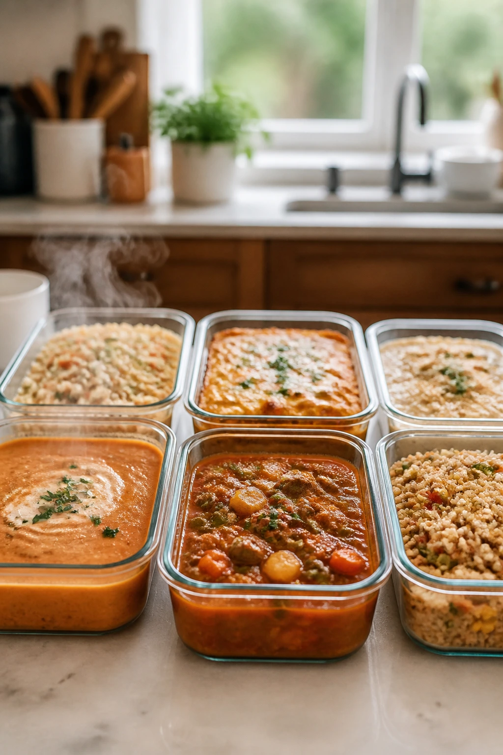 Glass storage containers with reheating meals on kitchen counter
