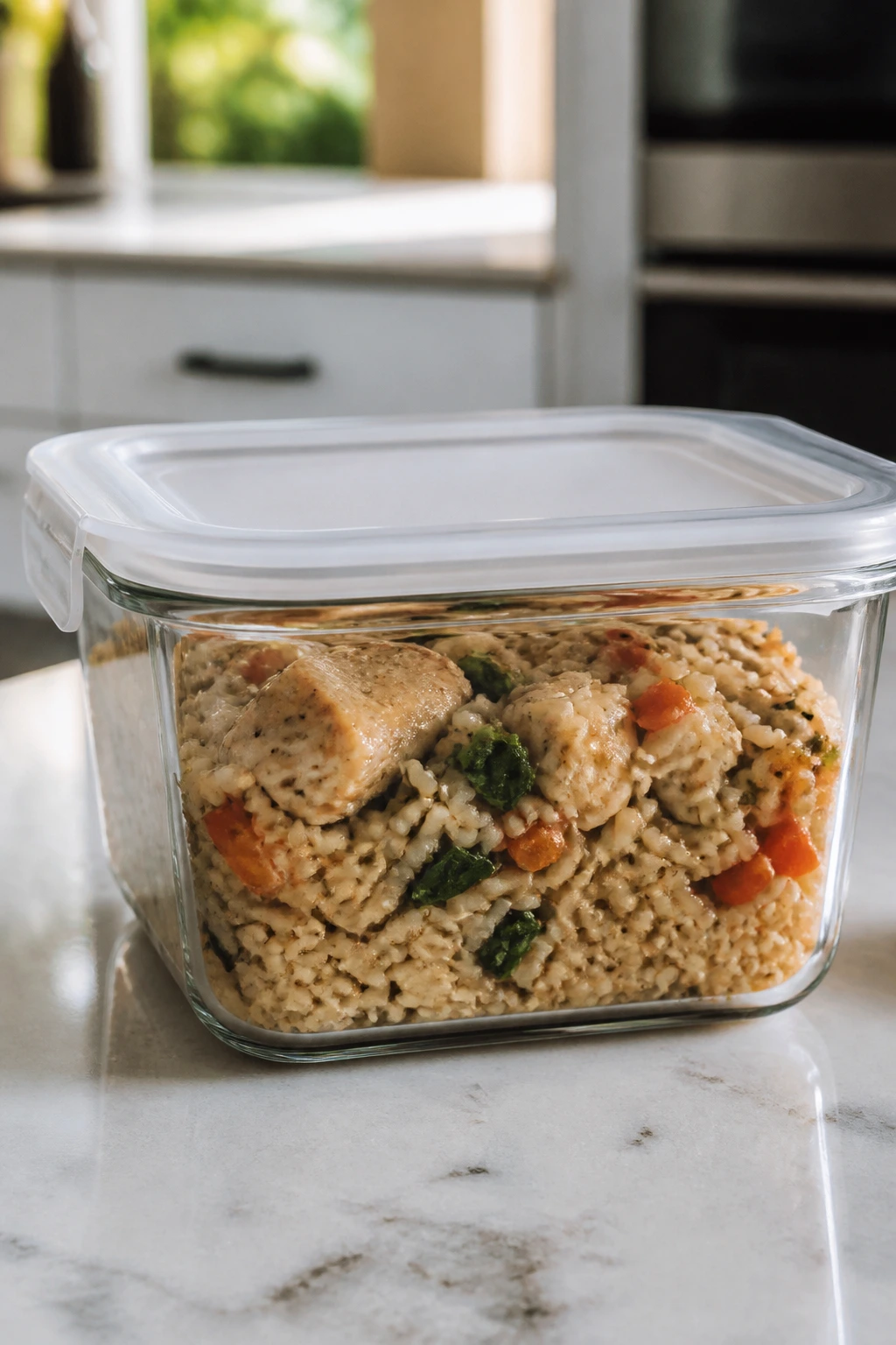 Clear glass container with rice and chicken for storage