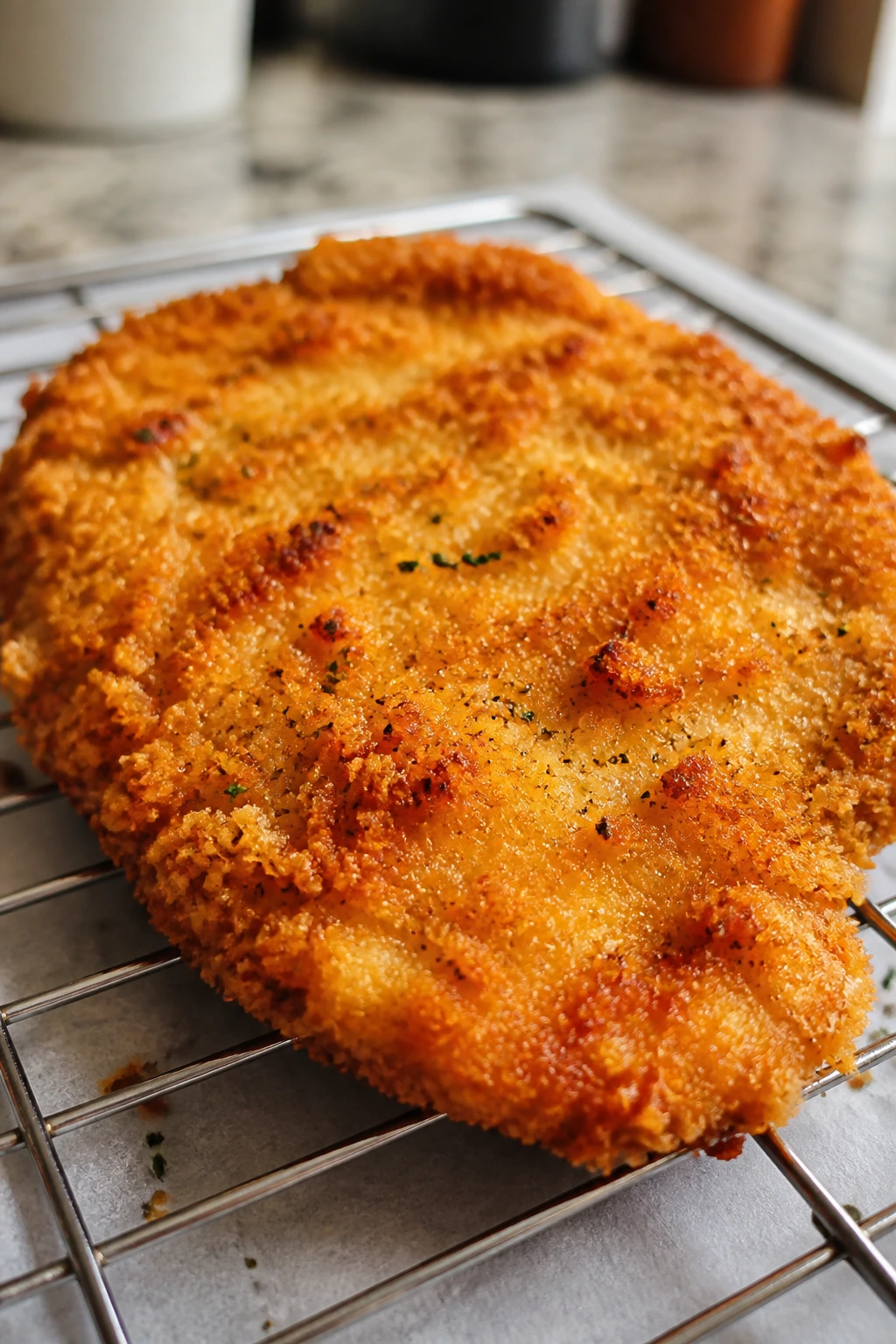 Crispy yogurt chicken cutlet on a cooling rack in a bright kitchen