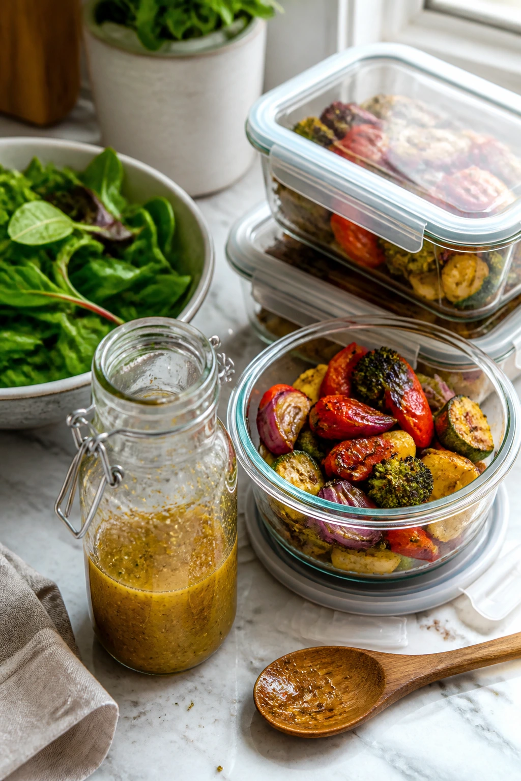 Glass jars and containers with dressing and roasted vegetables on a counter