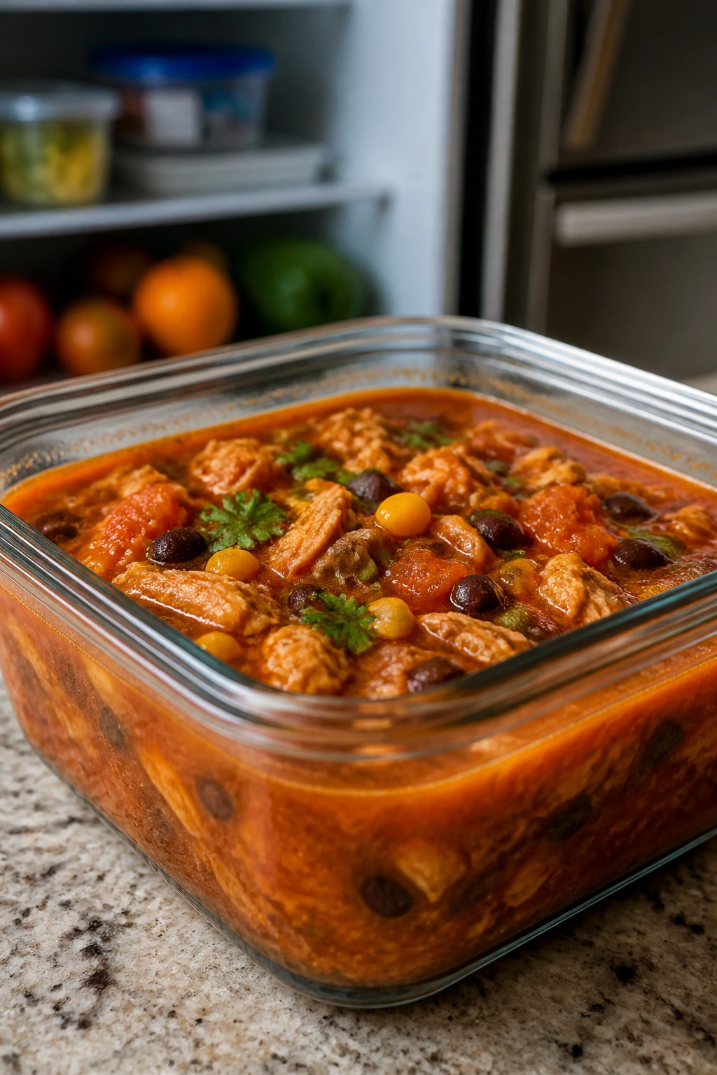 Glass storage container with enchilada soup on a kitchen counter.