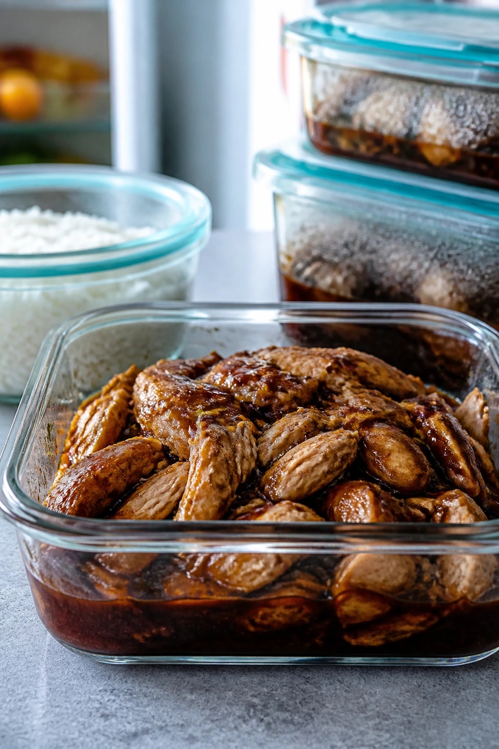 Glass storage container with braised chicken and sauce