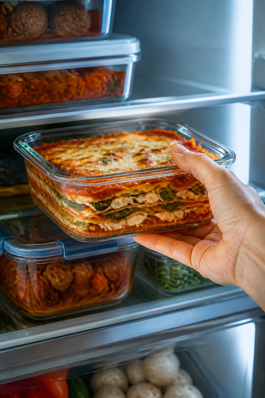 Hand placing glass storage container in fridge for make-ahead meals