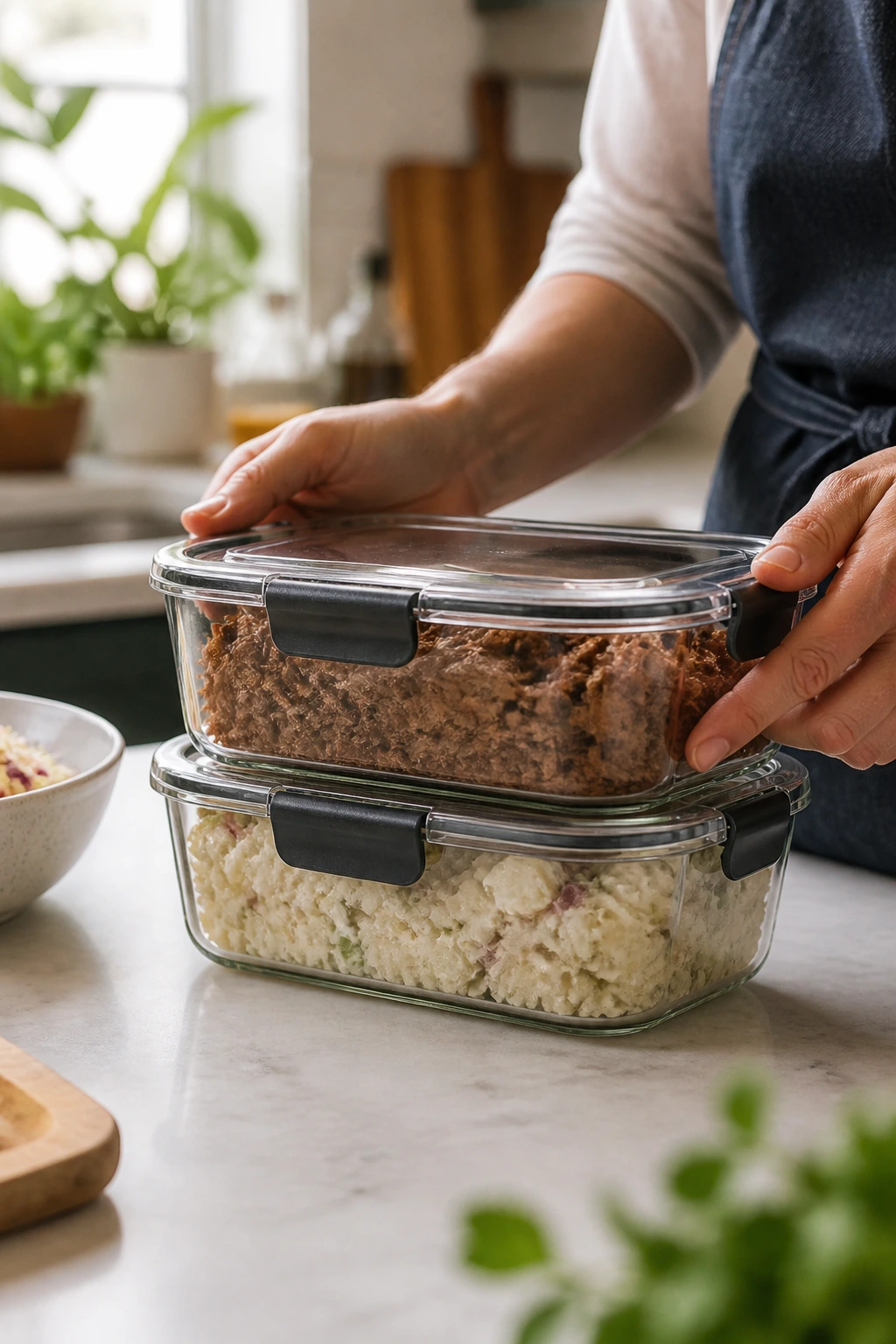 Hands stacking glass storage containers with pulled pork and potato salad in a bright kitchen
