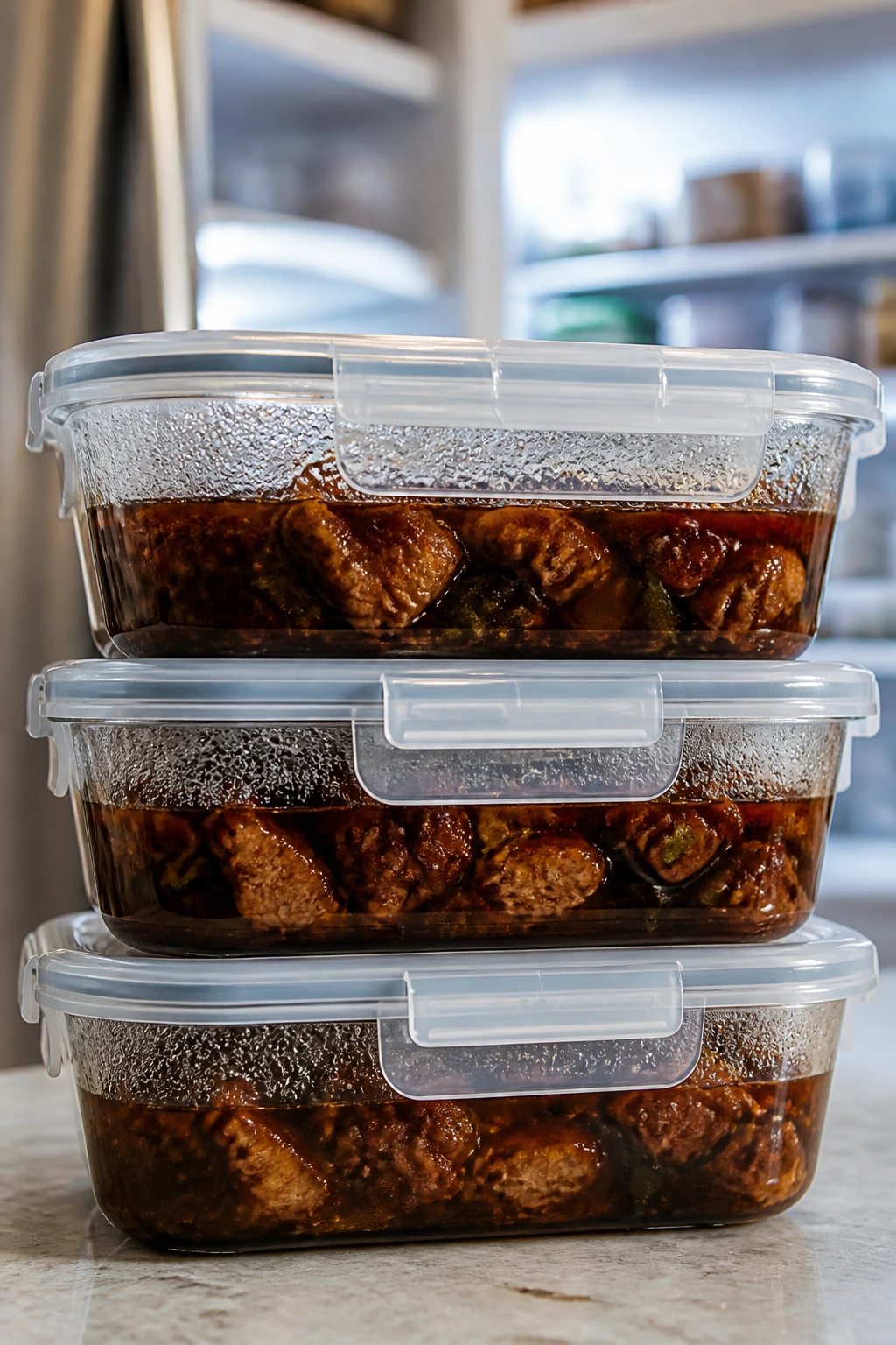 Airtight glass storage containers with braised leftovers
