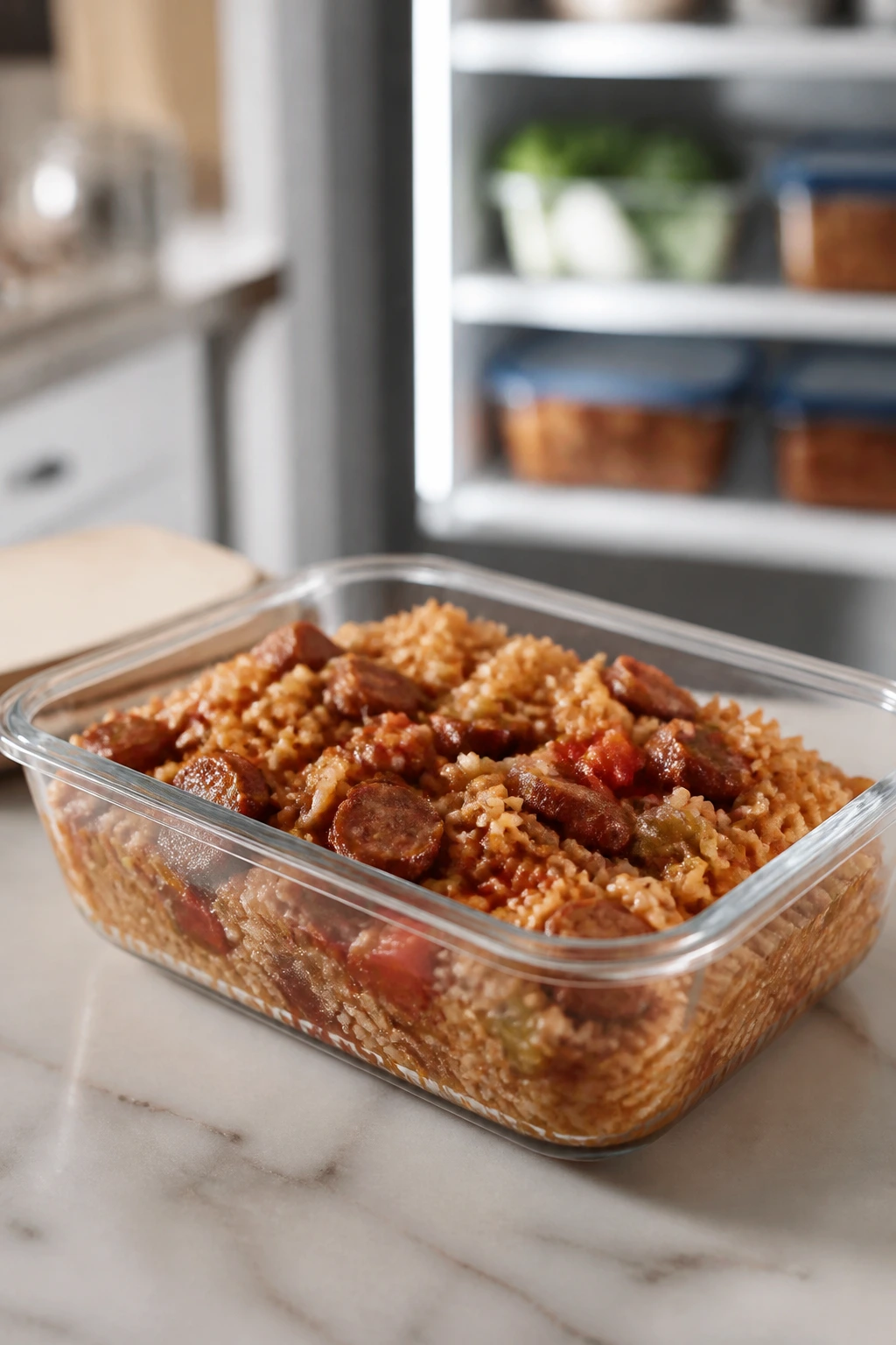 Meal-prep container with jambalaya ready for storage