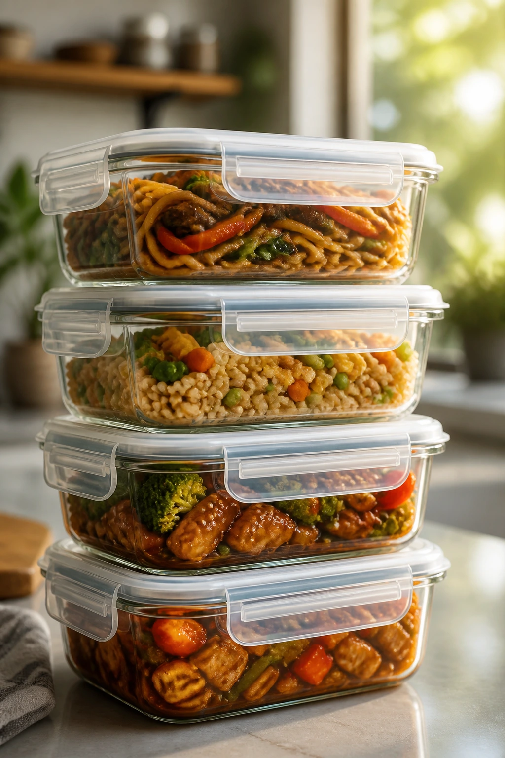 Stacked airtight glass containers with prepared meals on a kitchen counter.