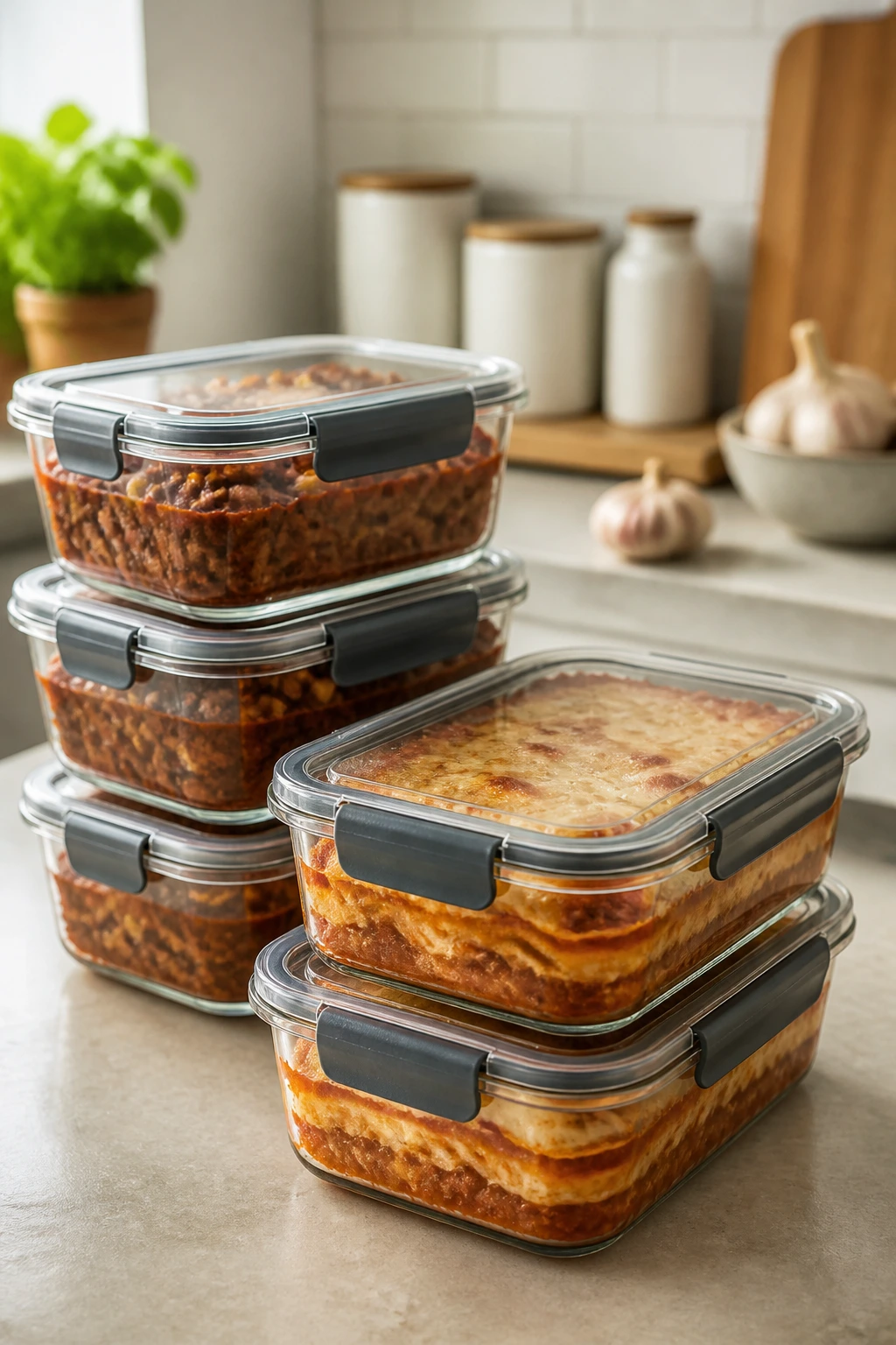 Airtight storage containers with leftovers on kitchen counter