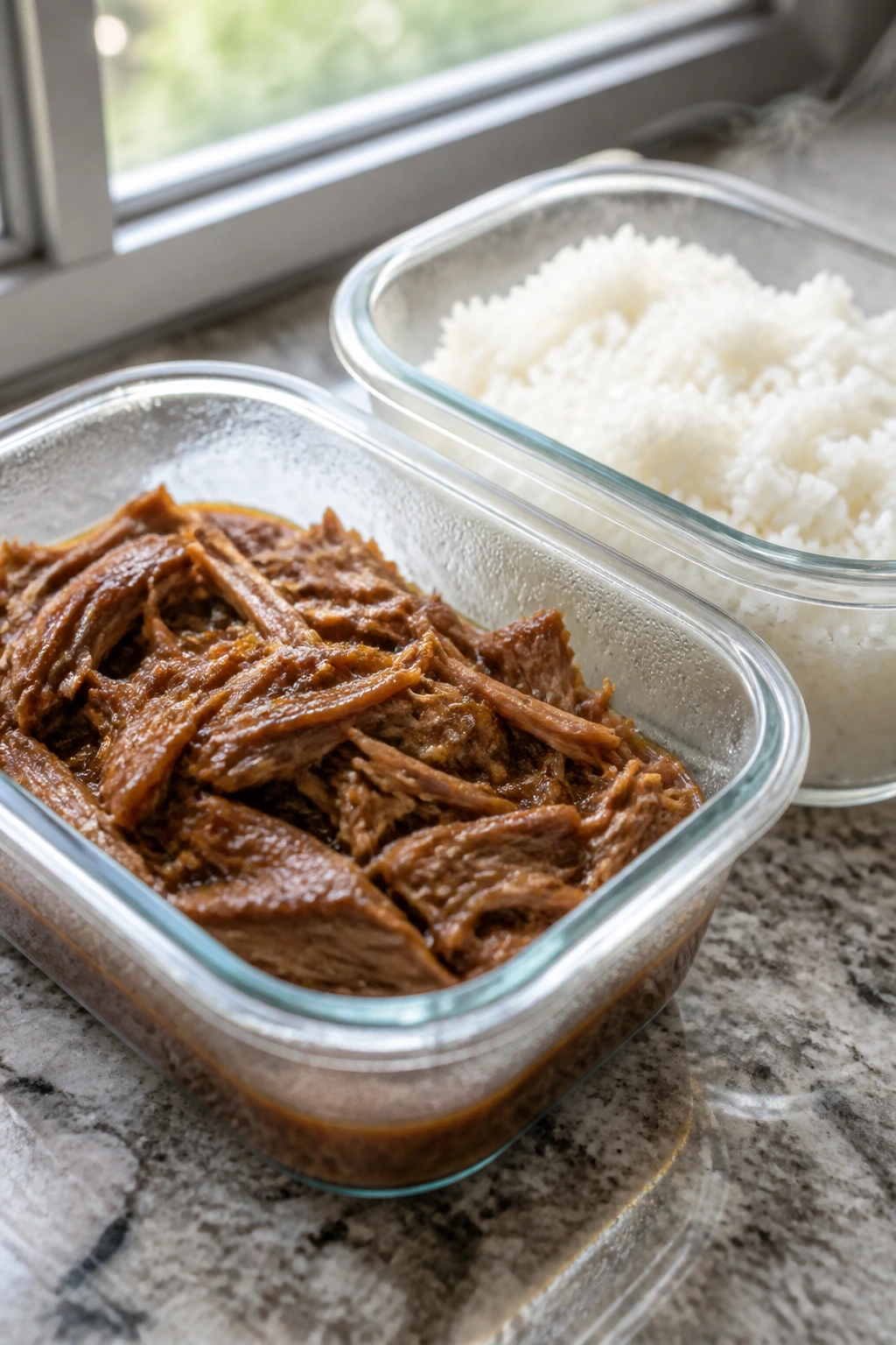 Saucy meat and rice stored in shallow containers ready to reheat