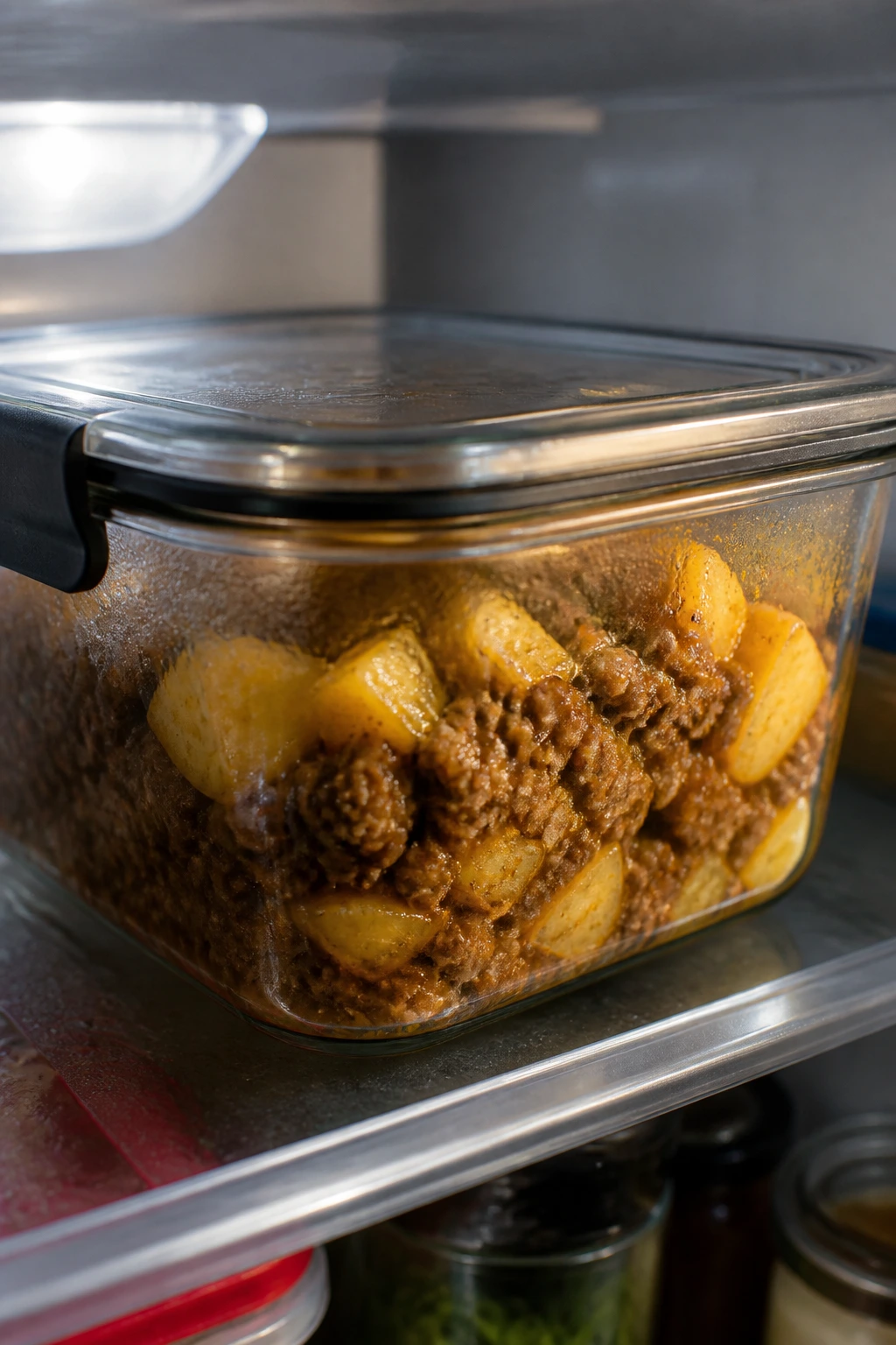 Airtight container of skillet leftovers in the fridge
