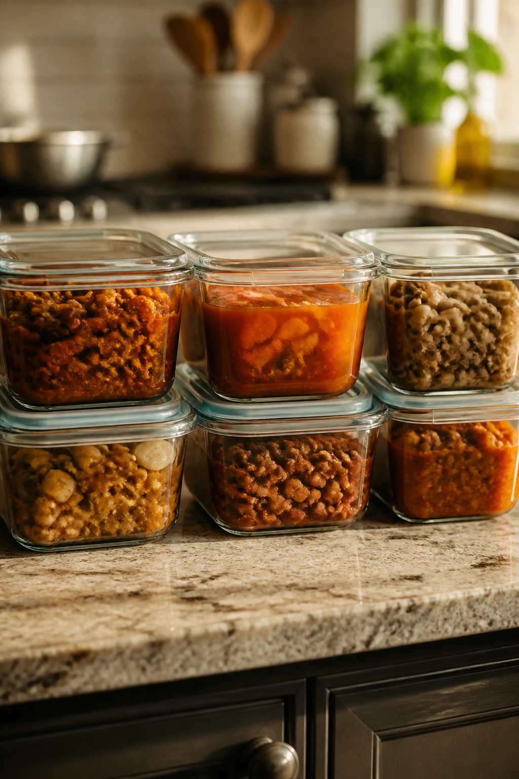Glass storage containers with leftovers on a kitchen counter.