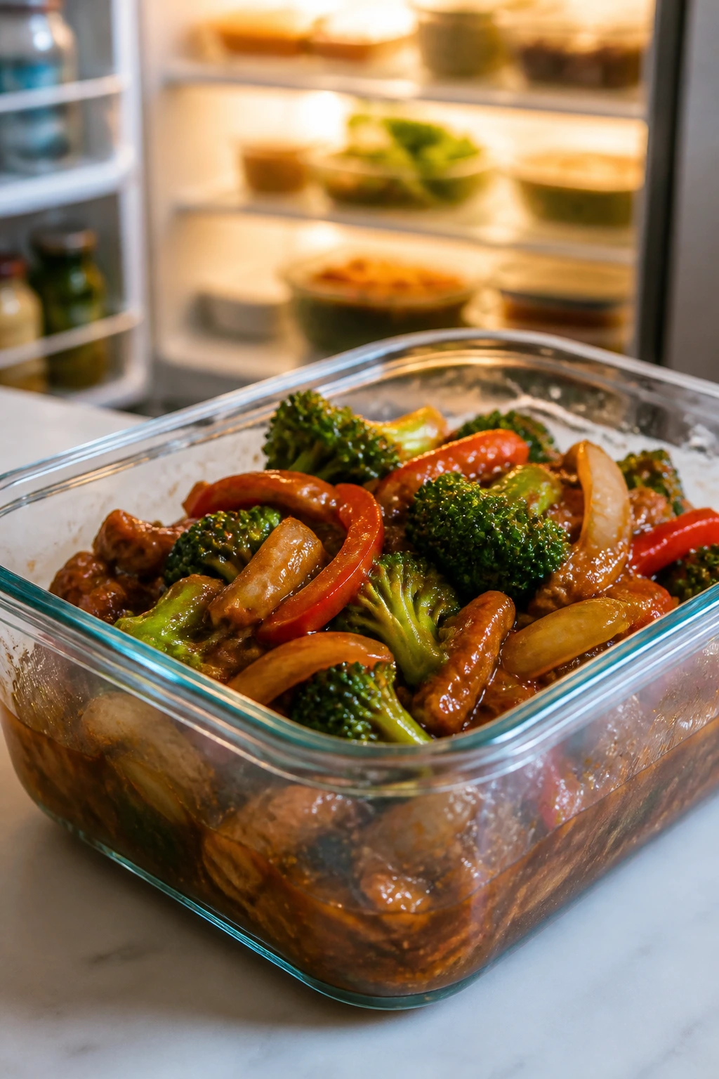 Glass container of stir-fry leftovers on a counter