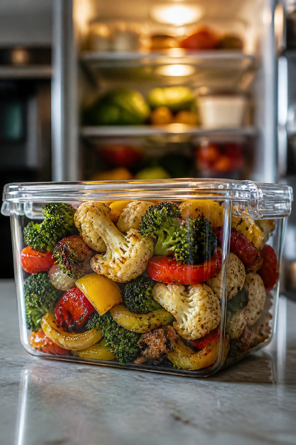 Airtight container with roasted vegetables ready for storage