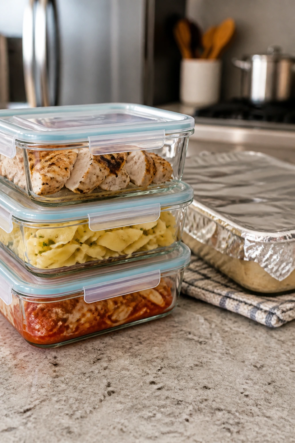 Airtight containers with leftovers ready for fridge storage.